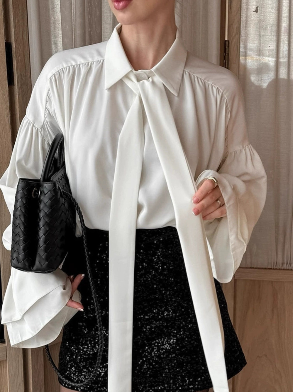 Forever 21 Tie Front White Chiffon Ruffle Blouse Fall Office